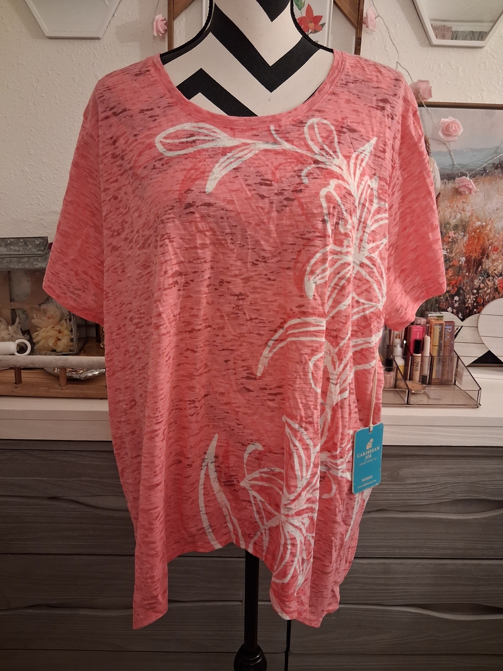 Caribbean Joe Coral Short-Sleeve Floral Slub Knit Top